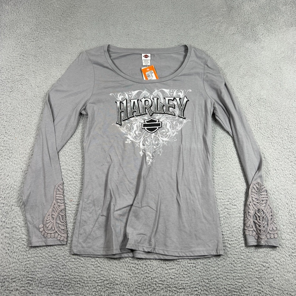 Harley Davidson Shirt Womens Size L Long Sleeve Gray Embroidered Y2K